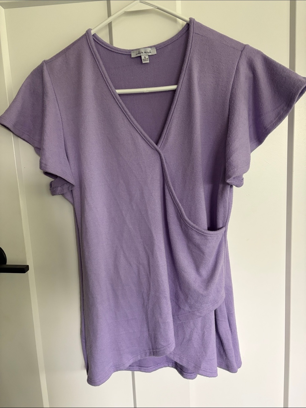 Lavender Wrap-Front Women's Top with Pocket White Birch size small